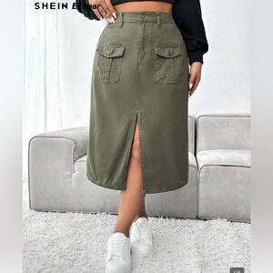 SHEIN Olive Cargo Midi Skirt with Front Slit